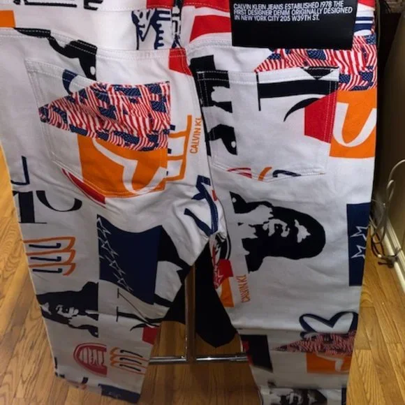 Raf Simons Women's Straight Leg Jeans - White with Red and Blue Graphics